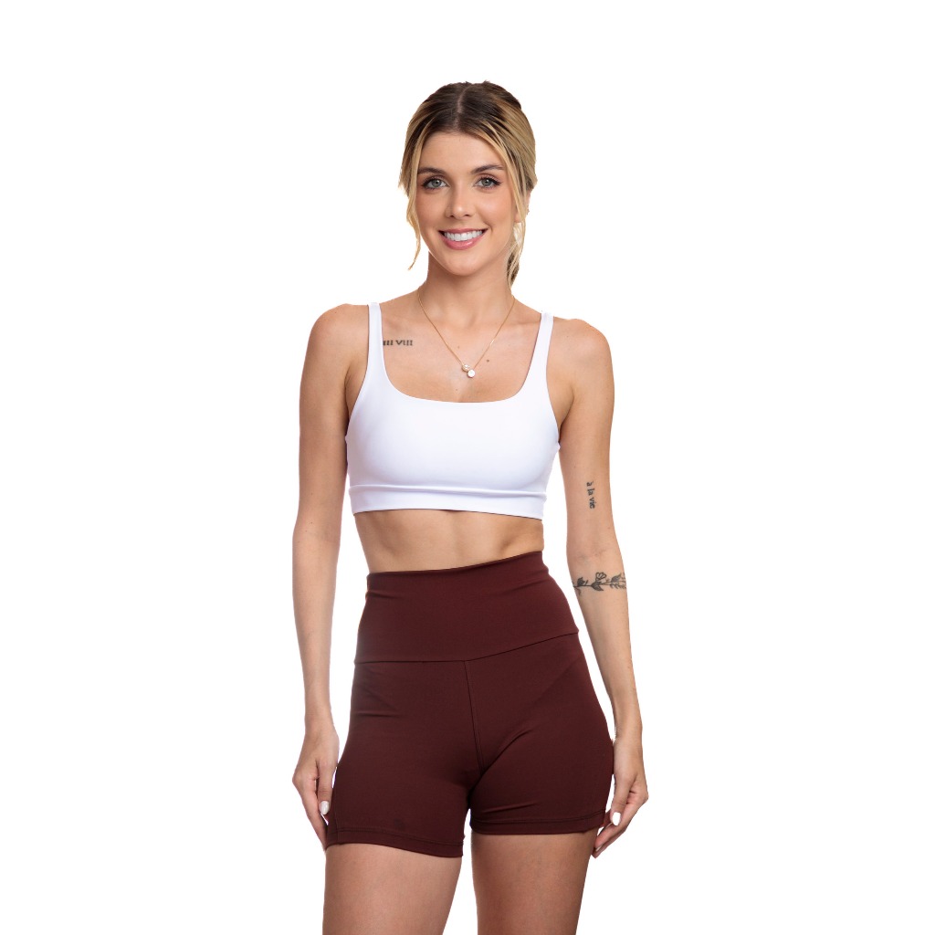 Conjunto Fitness Feminino Poliamida Top Alça Fina + Shorts Cintura Alta Zero Transparência Modelador