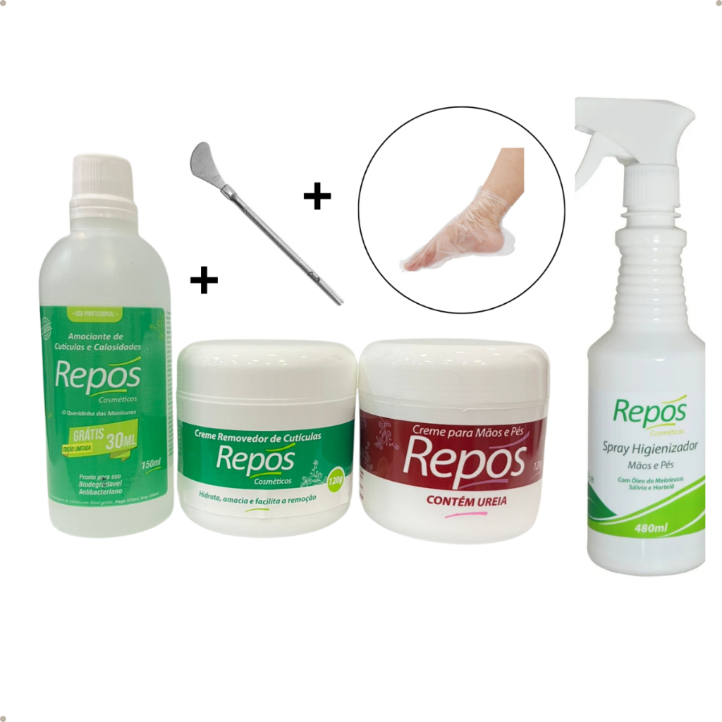 Kit Spa Dos Pés Repós Amaciante 150ML+Uréia + Removedor + Espátula Calosidade  + 10 Botas Plásticas + Spray Higienizador