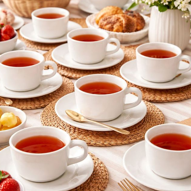 Kit 6 xícaras e pires para chá, em plástico resistente para uso domestico, bares, barcos, cafeterias em Oferta na Shopee