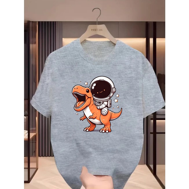 Camiseta Infantil Menino Dinossauro Astronauta Camisa estampada 100% algodão Fio 30.1 Penteado