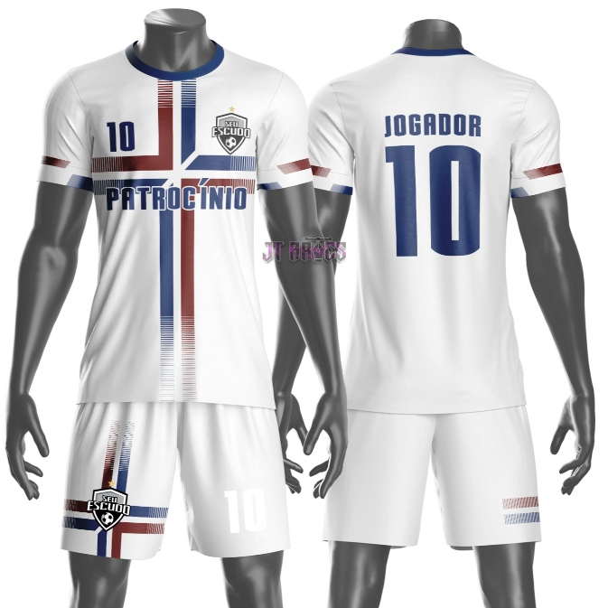 Uniforme jogador futebol amador esportivo camiseta e calção personalizavél nome número escudo mo 141