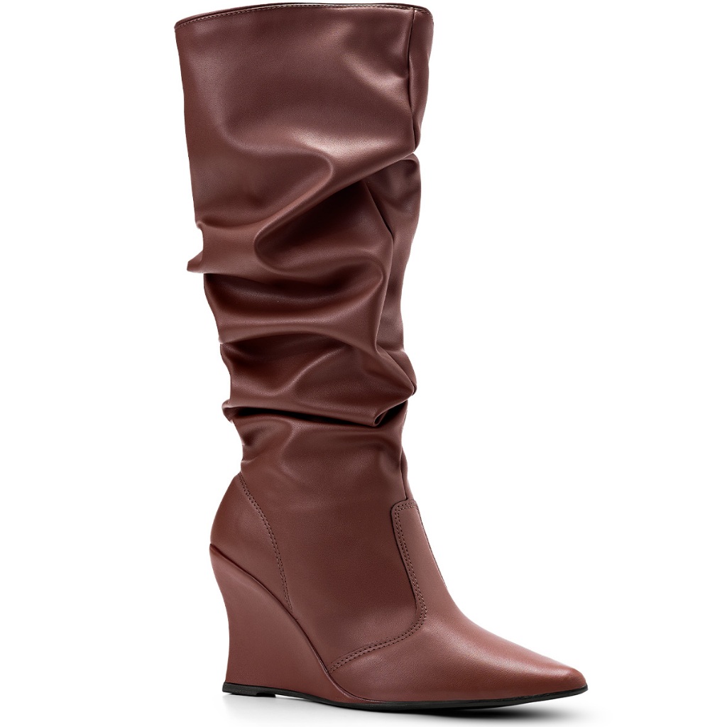 Bota Feminina Lumiss Slouchy Cano Alto Salto Anabela Alto Bico Fino Enrugada em Oferta na Shopee