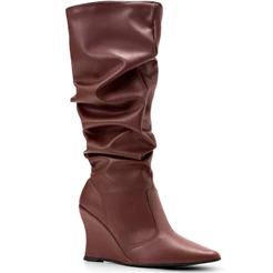 Bota Feminina Lumiss Slouchy Cano Alto Salto Anabela Alto Bico Fino Enrugada