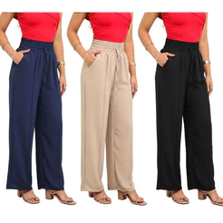 Calça Feminina Pantalona Wide Leg-Cintura Alta, Elástico e Bolso-Tecido Duna