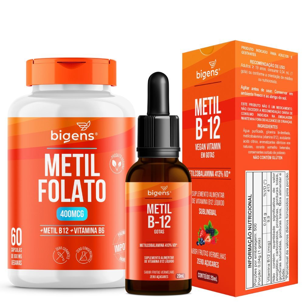 Kit Vitamina B9 Metilfolato 400mcg + B12 Metilcobalamina Bigens - Energia, Sistema Nervoso 60 Cáps + 20ml em Oferta na Shopee