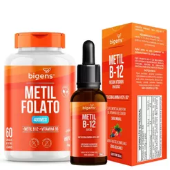 Kit Vitamina B9 Metilfolato 400mcg + B12 Metilcobalamina Bigens - Energia, Sistema Nervoso 60 Cáps + 20ml