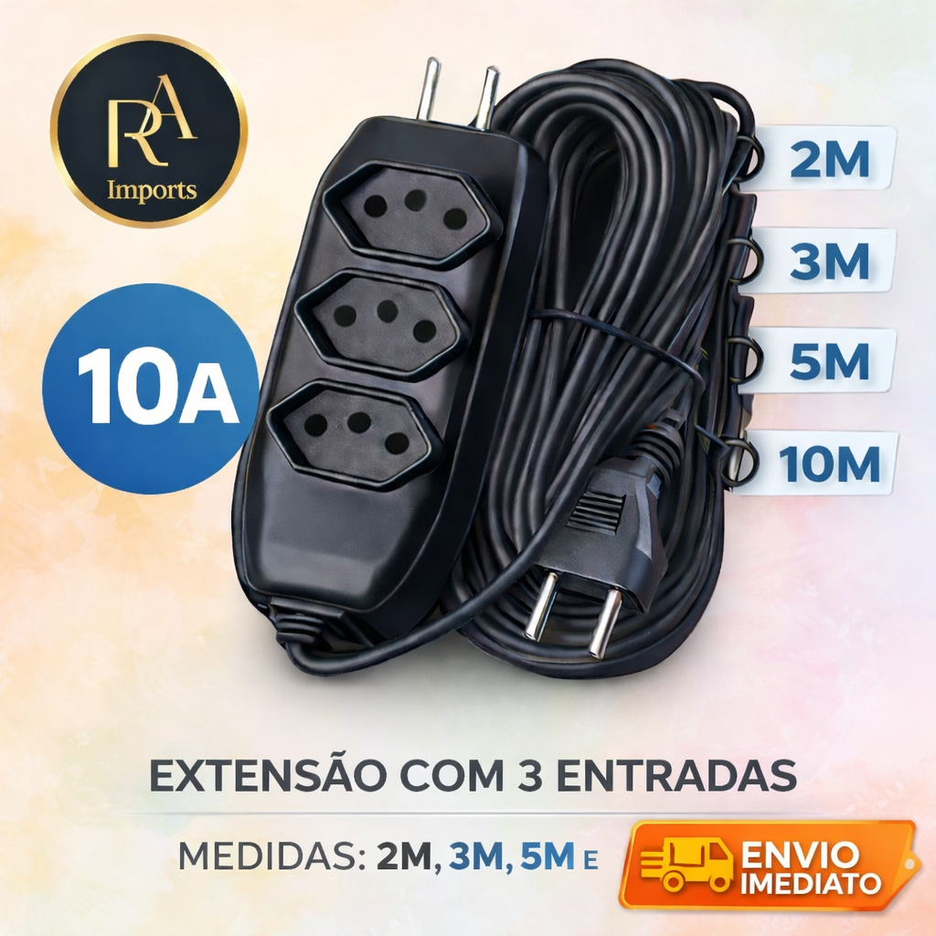 Extensão de Energia 10A Bivolt 110/220V 2m 3m 5m 10m Tripolar Preta Durável em Oferta na Shopee