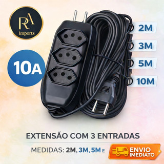Extensão de Energia 10A Bivolt 110/220V 2m 3m 5m 10m Tripolar Preta Durável