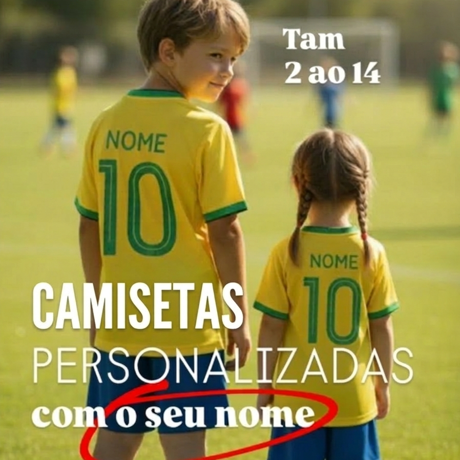 Kit 2 Camiseta Brasil Infantil Conjunto Personalizado Nome Amarelo