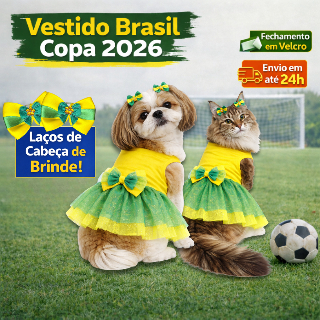 Vestido Pet Femea Copa Roupa Cachorro e Gato Brasil Verde e Amarelo com Tule com Glitter Vestido Pet