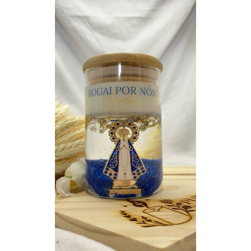 Vela Oratório Nossa Senhora Aparecida | Vela Religiosa Decorativa em Gel com Pedra Azul | Presente Católico
