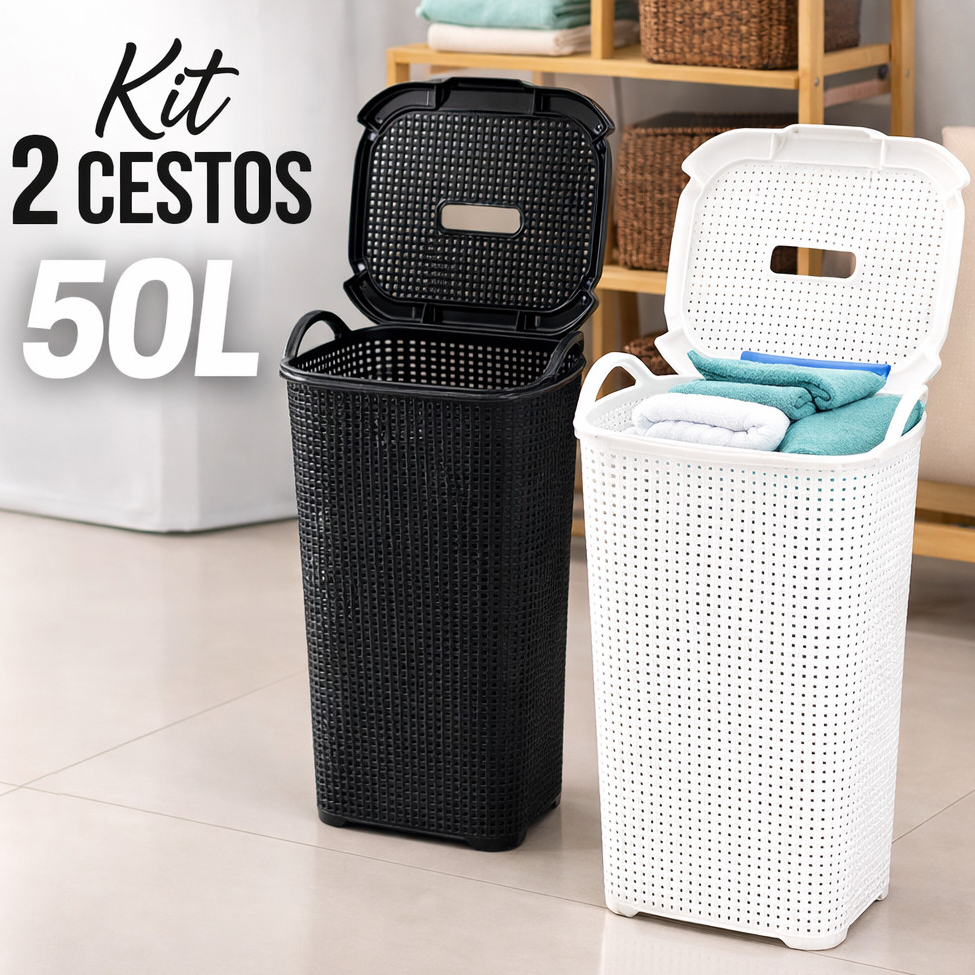 Cesto de Roupas Basculado Rattan 50 Litros Grande C/ Tampa E Alça Para Organizador Lavanderia
