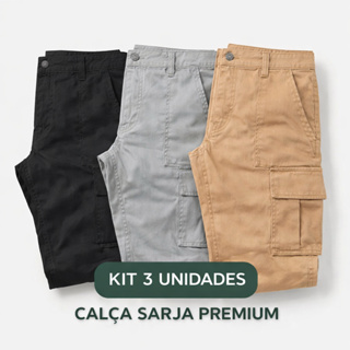 Kit 3 UN Calça Cargo Sarja Premiun Bolso Lateral Calça Sarja Embutido Confortável Qualidade e Estilo em Oferta na Shopee