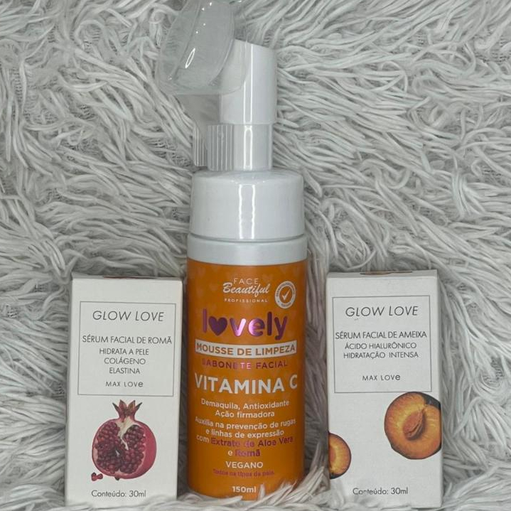 Kit Skincare: Sabonete Mousse Vitamina C + 2 Séruns Faciais Glow Love Max Love Amora e Romã