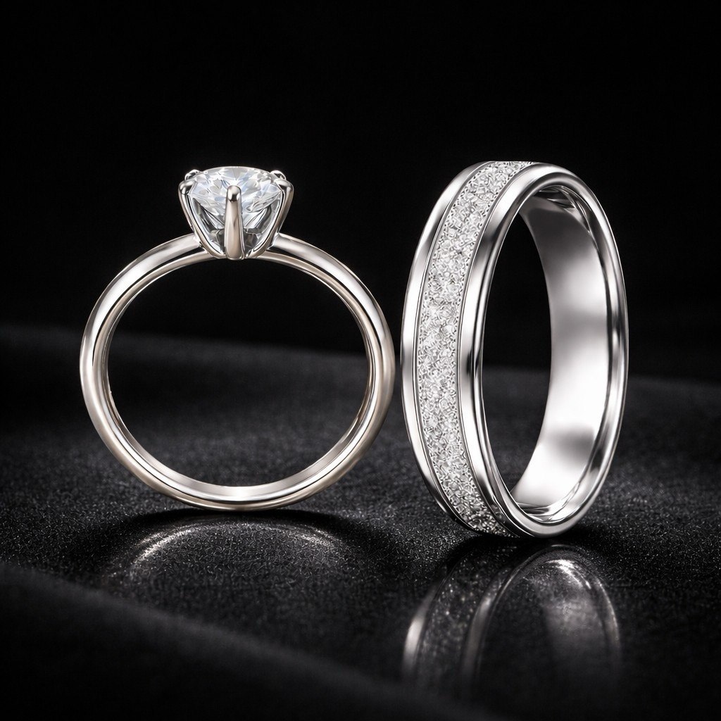 Conjunto Aliança Namoro/Noivado Diamantada+Anel Solitário Pedra Zircônia 3mm+Caixinha Brinde|Em Aço Inoxidável Prata 925
