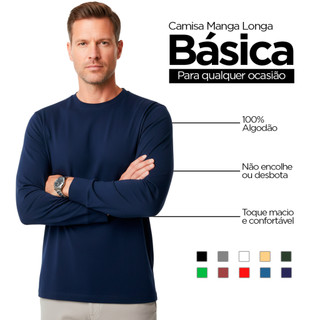 Camiseta Masculina Preta Manga Longa 100% Algodão Básica Confortável Toque Macio Respirável Casual Leve Unitário