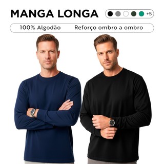 Kit 2 Camisetas Masculina Manga Longa 100% Algodão Lisa Slim Premium Com Punho Gola Redonda Trabalho Frio Manga Comprida