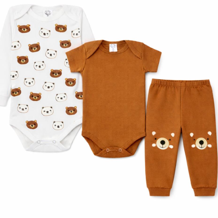 Kit body Bebê 3 peças, Manga Longa, Manga Curta E Calça Roupas de Bebê, Conjunto do Bebê