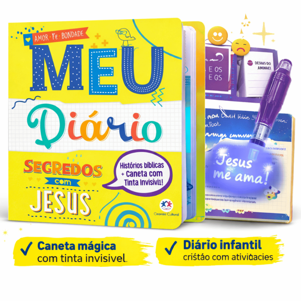 Meu Diário Segredos com Jesus Livro Infantil Cristão com Caneta Mágica e Histórias Bíblicas