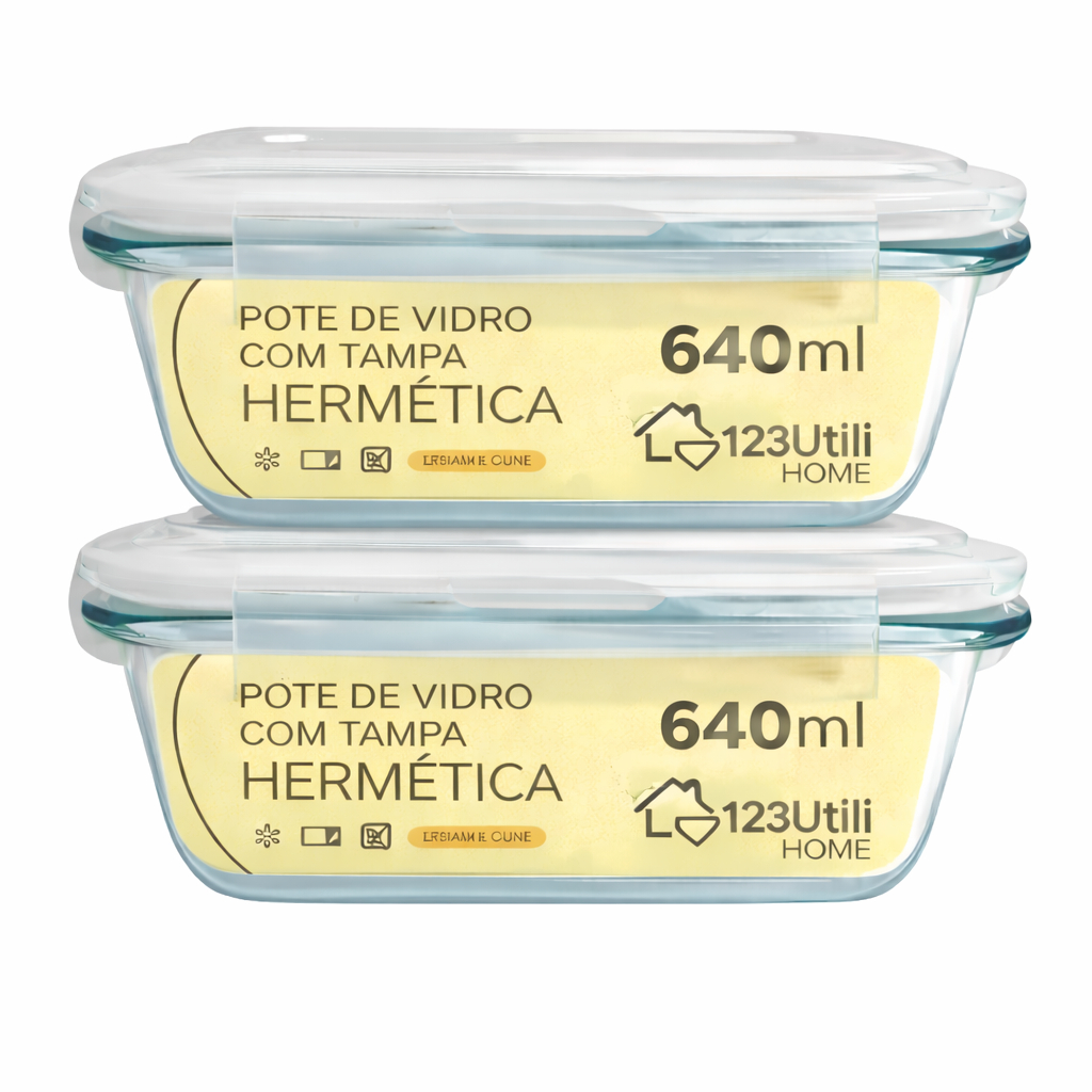 Kit 2 Potes de Vidro Hermético 640ml com Tampa Trava  Marmita de Vidro para Microondas, Freezer e Forno