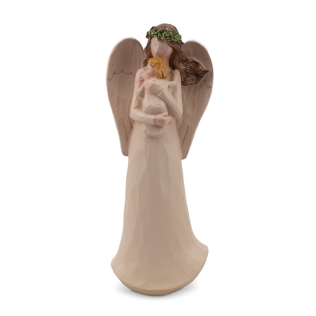 Imagem Anjo da Guarda Branco com Bebê no Colo Tiara Verde Resina 25 cm