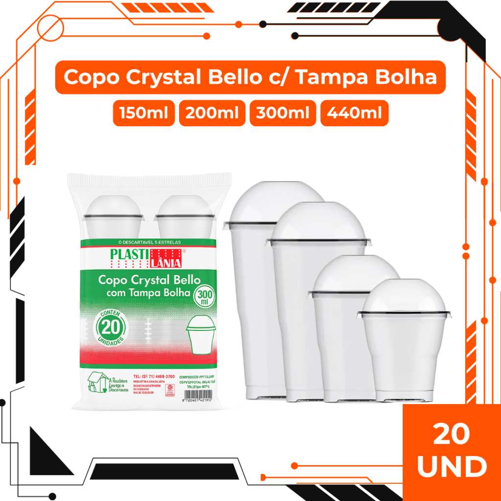 Copo Crystal Bello com Tampa Bolha 20 Unidades Copo PET Transparente para Açaí Milkshake e Sobremesas