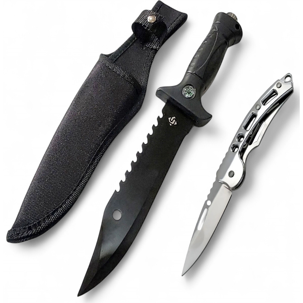 Kit Faca Tática Militar emborrachada Com Bainha Rambo Selva Camping Pesca + Canivete Inox De Bolso