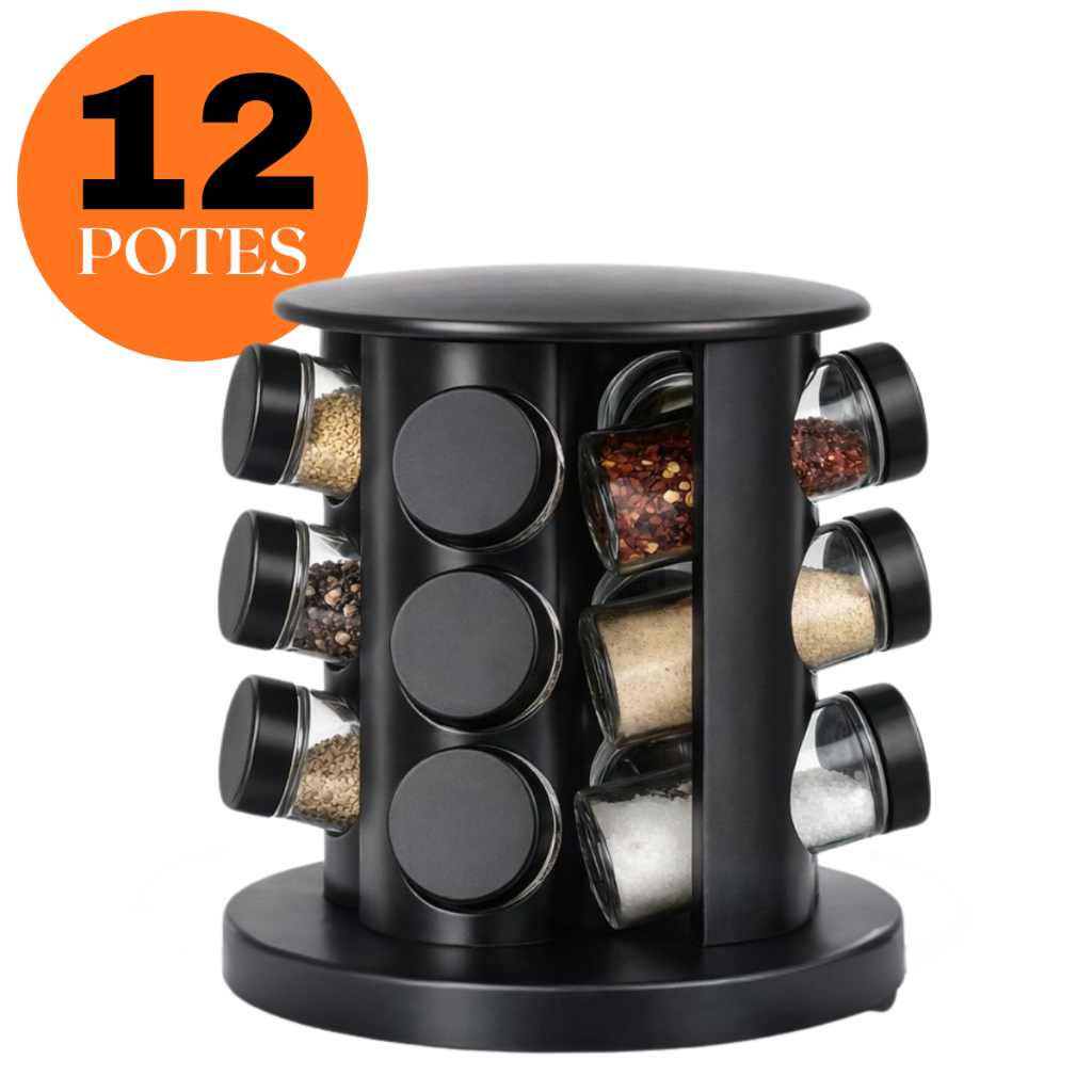 Porta Condimento Giratório com 12 Potes para Tempero – Organizador de Cozinha, Acesso Rápido, Base Rotativa,Mais Prático