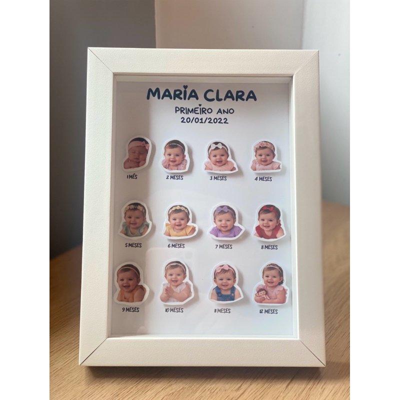 Quadro Mesversário Personalizado com Fotos do Bebê | Quadro de Vidro 12 Meses | Lembrança Primeiro Ano | Caixa Alta