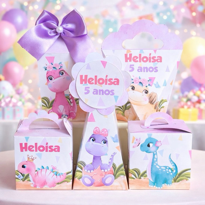 Kit Dino Rosa Dinossauro 50 Caixas Personalizadas Lembrancinhas Festa Infantil Caixinhas Milk Aniversário Pegue e Monte