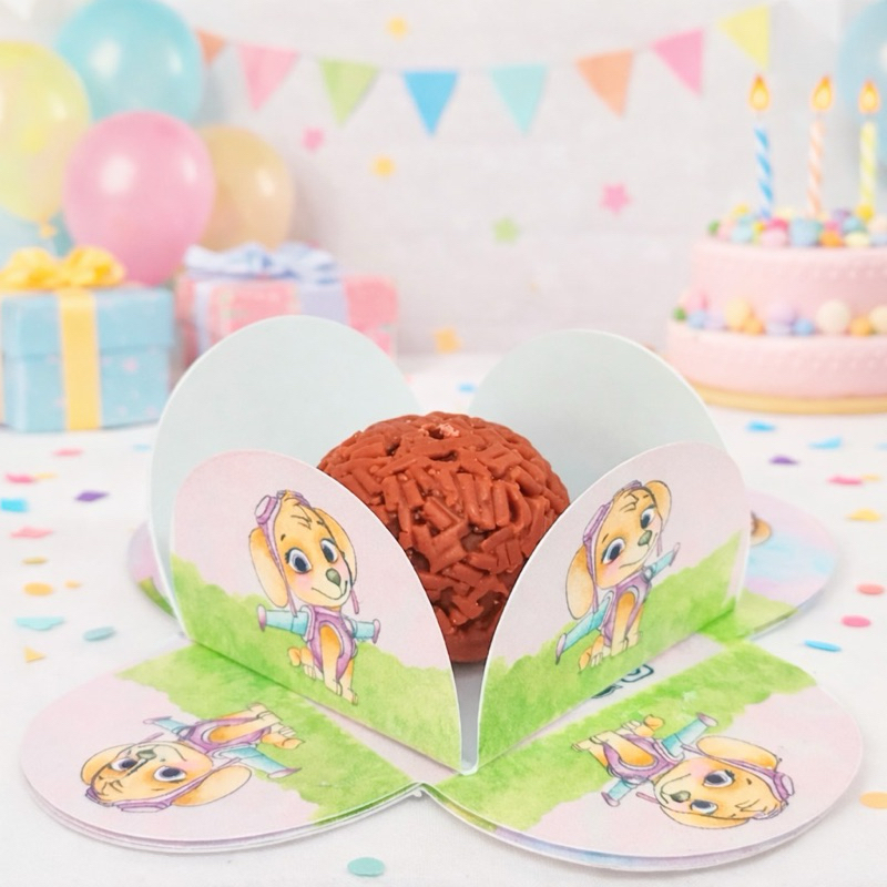 50 Forminhas Personalizadas de Doce Brigadeiro 4 Pétalas Festa Aniversário Skye Patrulha Canina