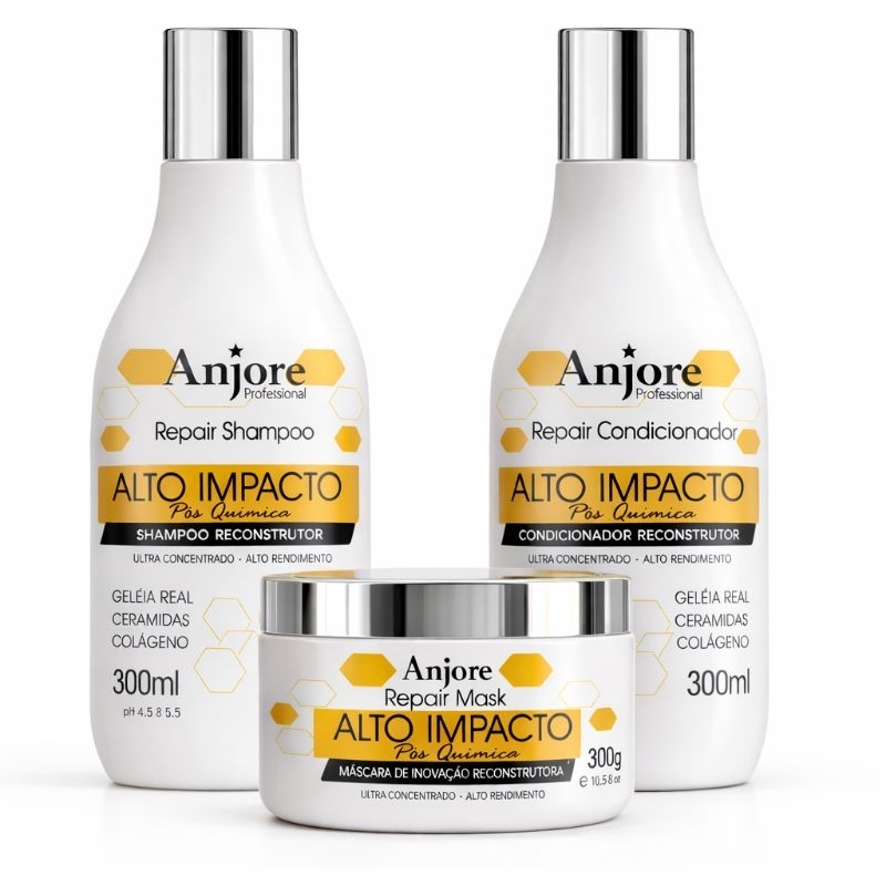 Kit Reconstrutor Pós Química Alto Impacto Colágeno Shampoo Condicionador Máscara Teia 300g Anjore