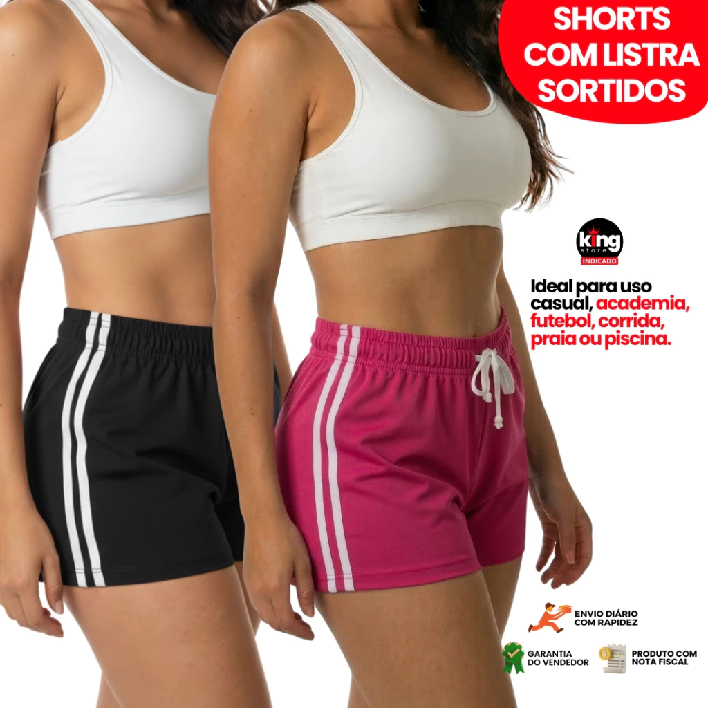 Kit 2 Shorts com Listra Feminino Sortidos Secagem Rápida com Elástico Cordão Ajustável Moda Praia Treino Academia — imagem 1