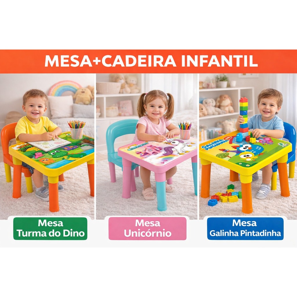 Mesa Infantil+Cadeira Turma do Dino Unicórnio Galinha Pintadinha Mesa Pedagógica Escolar Criança