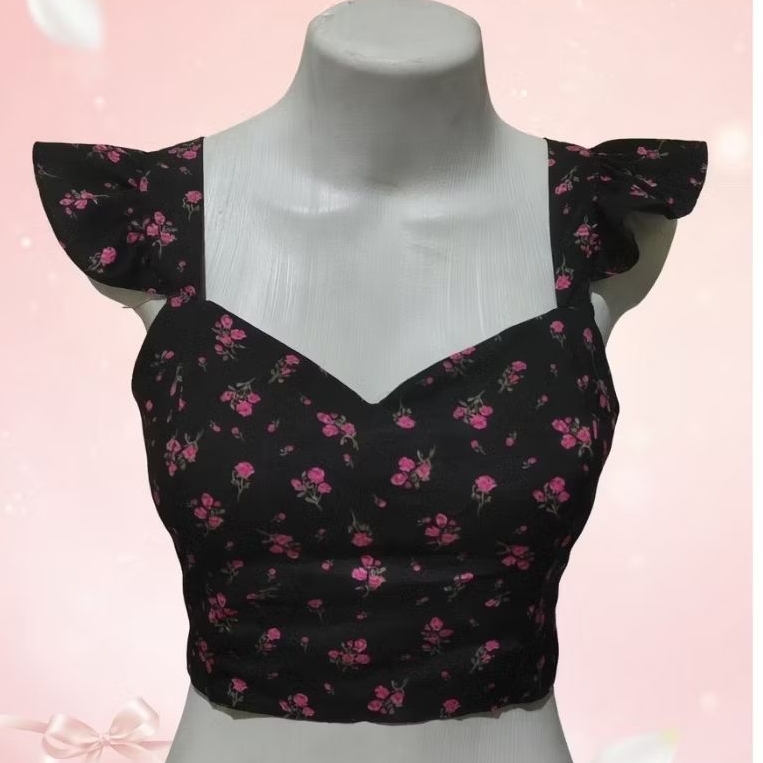 Blusa Feminina Cropped Floral Crepinho Com Bojo E Amarração Atrás Verão