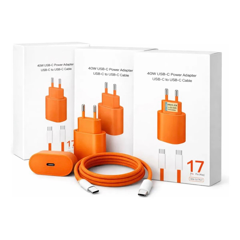 ENVIO HOJE Carregador Turbo 40W Ultra Rápido USB-C + Cabo Trançado 1m Reforçado -Edição Especial Orange IPhone e Android
