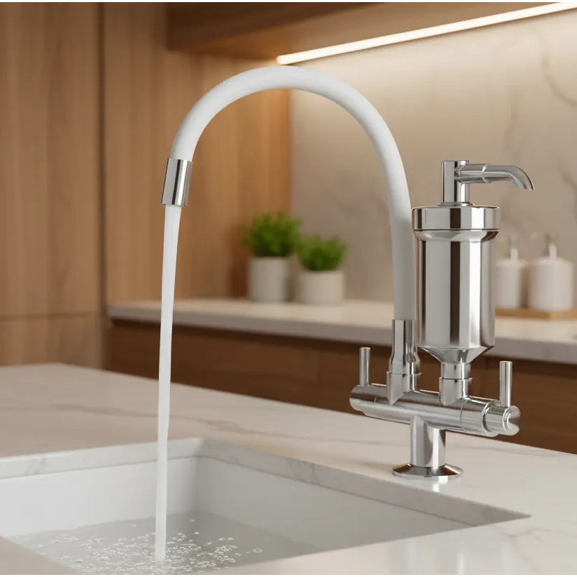 Torneira Cozinha Gourmet com Filtro Bancada Tubo 100% Flexível em Aço Inox e Silicone