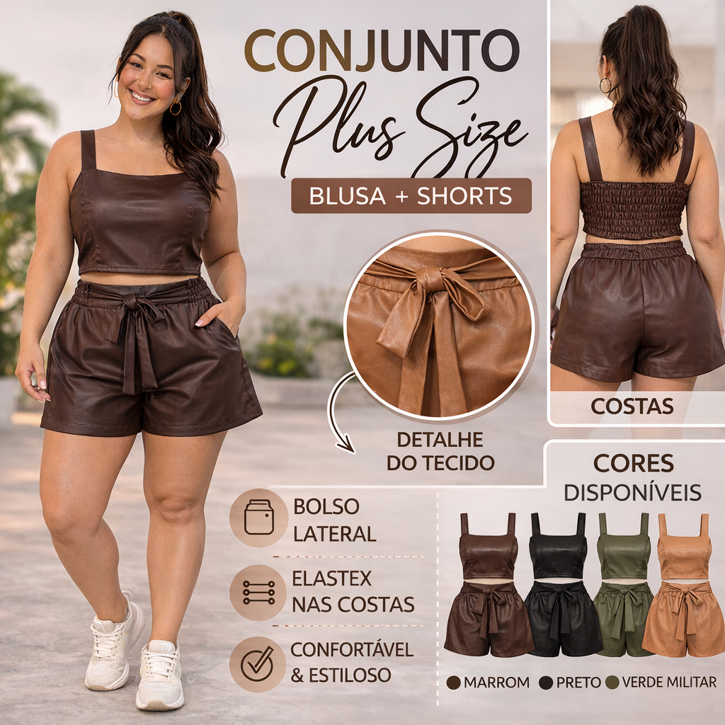 Conjunto Feminino Short com amaraçao + Blusa Couro Sintético  – Elegante e Confortável em Oferta na Shopee