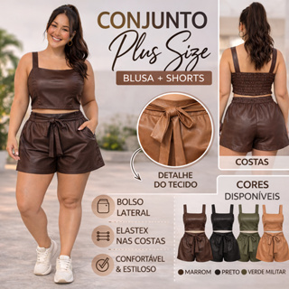 Conjunto Feminino Short com amaraçao + Blusa Couro Sintético  – Elegante e Confortável em Oferta na Shopee