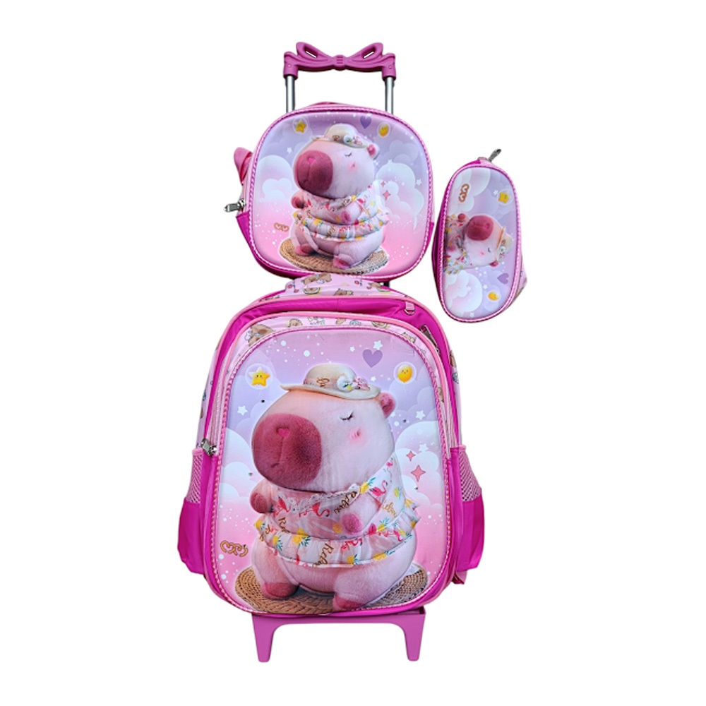 Kit Mochila da Capivara em 3D Alto Relevo com Rodinhas + Lancheira Térmica + Estojo Escolar com Led