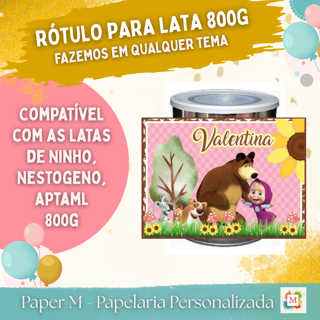 Rótulo Adesivo para Lata de Leite 800g  Masha e o Urso para lembrancinha de festa