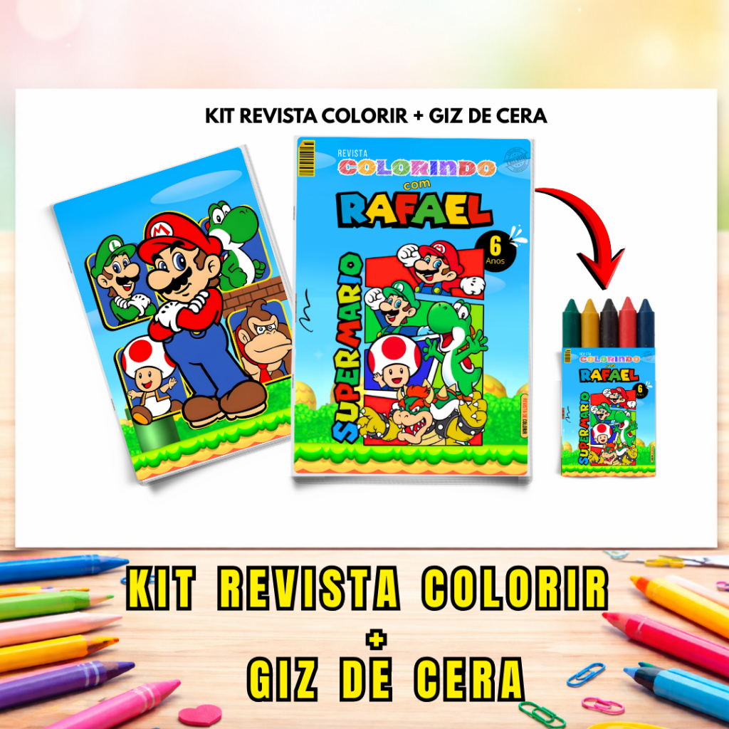 Kit Livrinhos de Colorir Infantil Personalizado + Giz de Cera | Lembrancinhas Aniversário Revistinhas Tema Mario