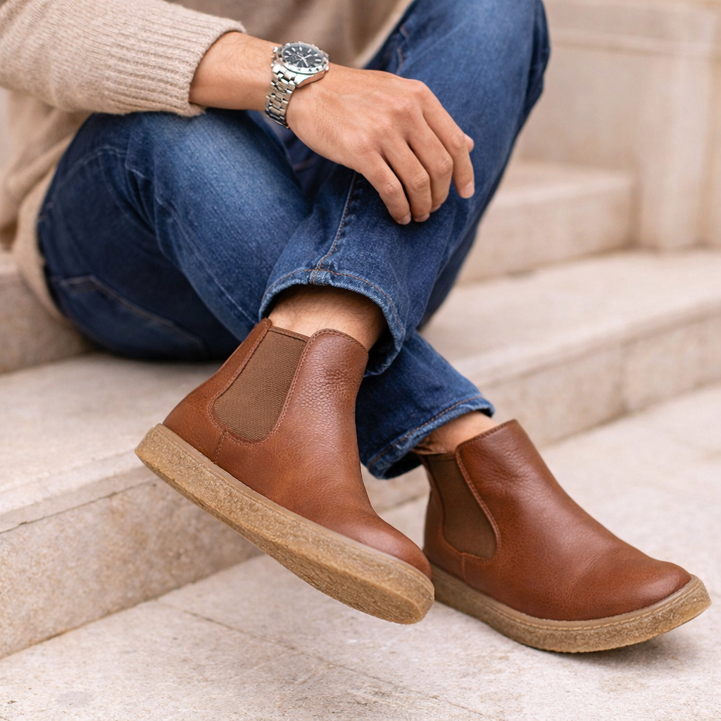 Bota Masculina Couro Liso Brilhante Macia Sola Crepe Confortável Rodeio Festa Sertanejo Country