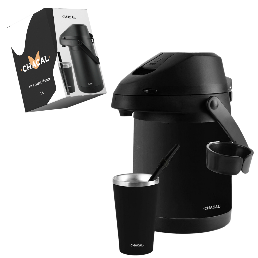 Kit Terere Chacal Garrafa Térmica 2,5L Cuia 200ml Bomba Inox Preto - Lançamento