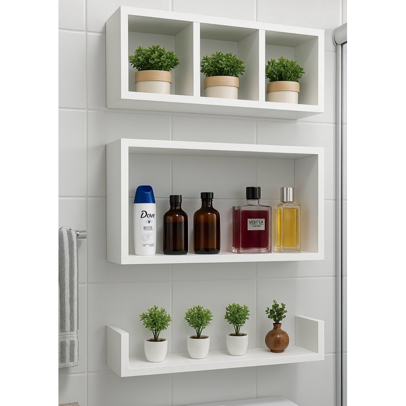 Kit 3 Nichos triplos Prateleiras para Banheiro Organizador  em Preto ou Branco 100% Mdf