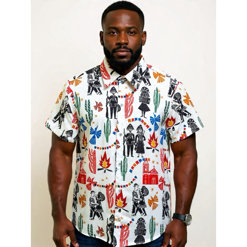 Camisa de botão unissex estampa Lampião Maria bonita
