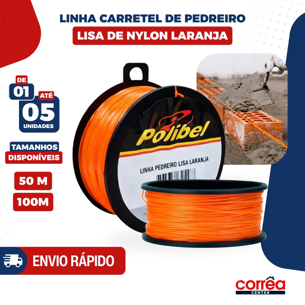 Linha de Pedreiro Lisa Laranja em Carretel – 50m ou 100m – Alta Visibilidade – 1 a 5 Unidades