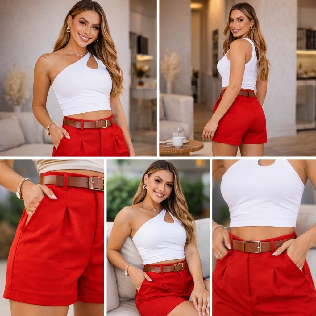 Shorts Alfaiataria Feminino Linho Misto Cintura Alta Com Cinto e Bolso Lateral P M G GG