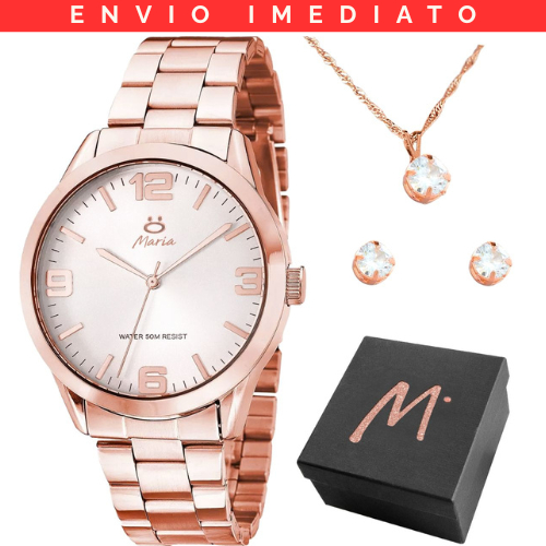 Kit Relógio Feminino Analógico Rosé Aço Inox com Colar e Brincos Strass Caixa Premium Presente Elegante