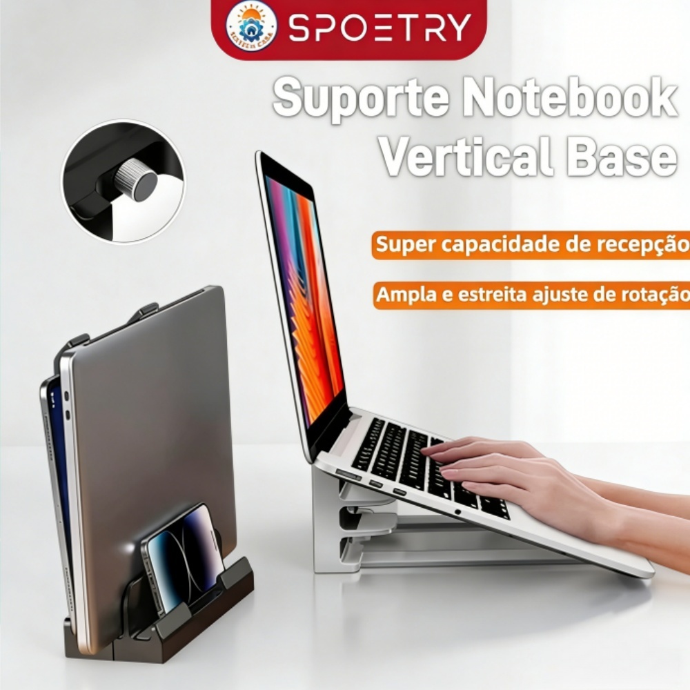 Suporte Vertical para Notebook em Alumínio com Largura Ajustável, Organizador de Mesa Multifuncional para Home Office